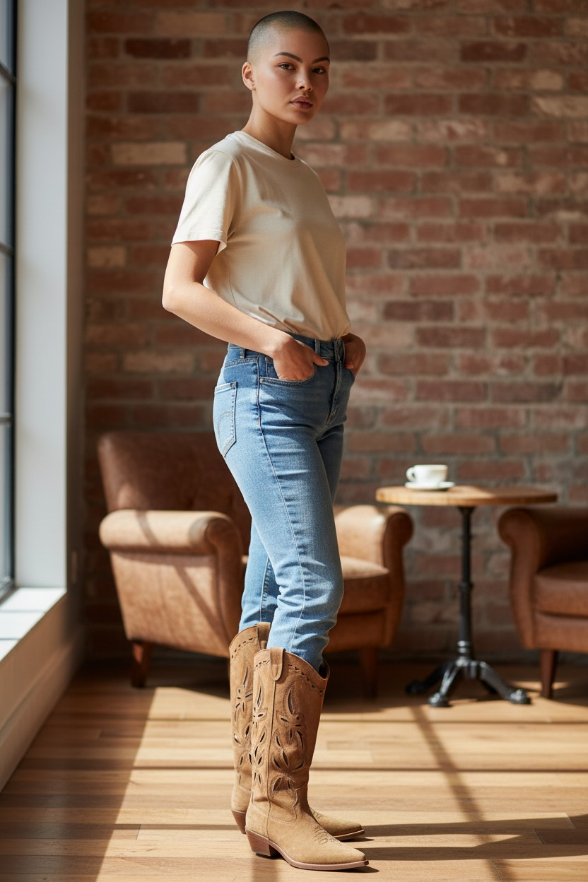 Stivale Texano Traforato Scamosciato Camel