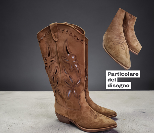 Stivale Texano Traforato Scamosciato Camel